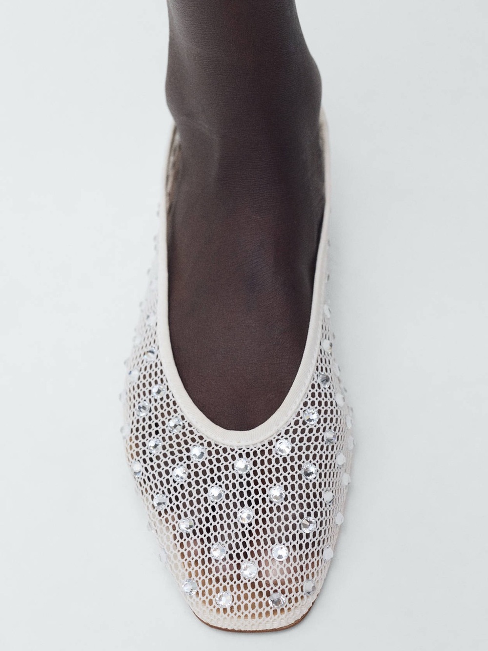 Mango Embellished White Mesh Ballet Flat